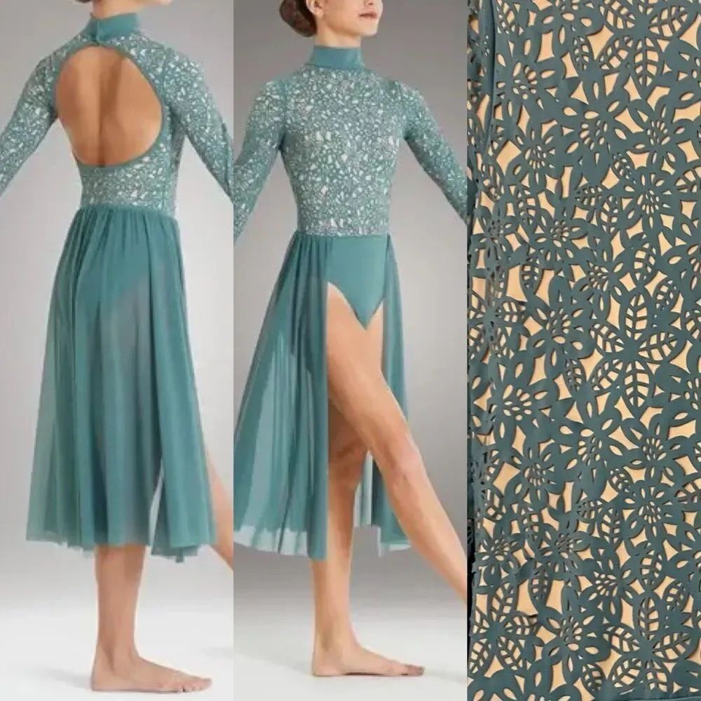 Weissman solo Dance costume custom sage green Laser Cut Floral Dress D11433 LA